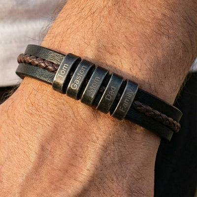 Personalized double-band bracelet, brown braid and smooth black band, engravable steel beads, Néko model