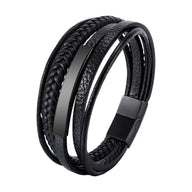 Bracelet homme multi-liens en cuir noir avec plaque acier personnalisable et fermoir magnétique noir mat.
