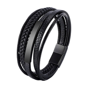 Bracelet homme multi-liens en cuir noir avec plaque acier personnalisable et fermoir magnétique noir mat.