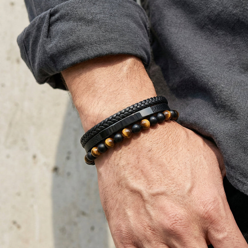 Personligt armbånd i læder, natursten tigerøje, model Tom