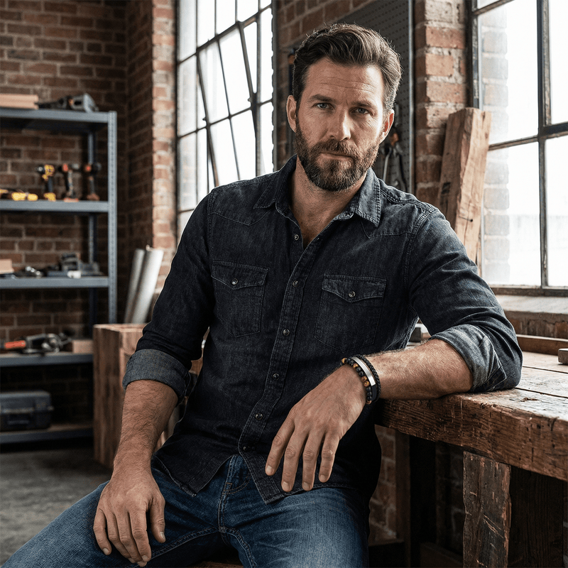 Personligt armbånd i læder, natursten tigerøje, model Tom