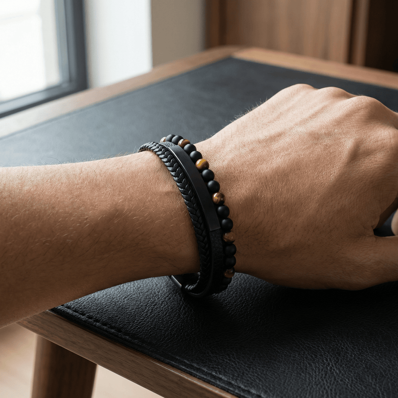 Personligt armbånd i læder, natursten tigerøje, model Tom