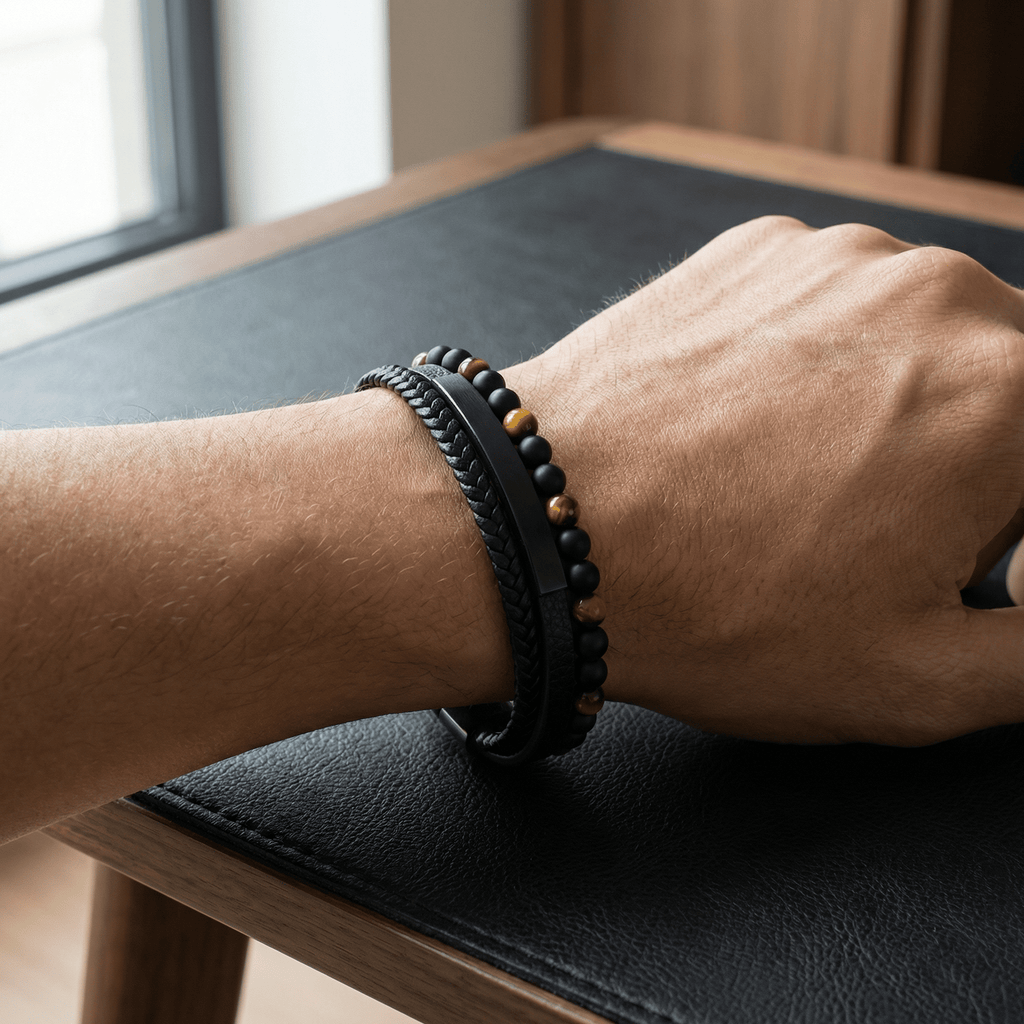 Personligt armbånd i læder, natursten tigerøje, model Tom