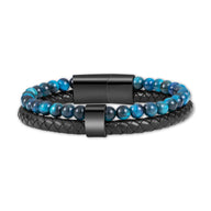 Bracelet double tour en cuir noir tressé avec perles turquoise naturelles et fermoir magnétique noir mat.
