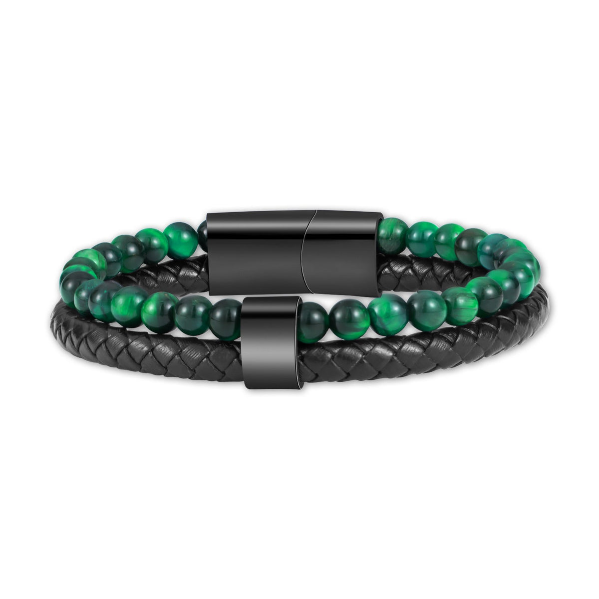 Bracelet double tour avec perles vertes naturelles et cuir tressé noir, fermoir magnétique noir mat.