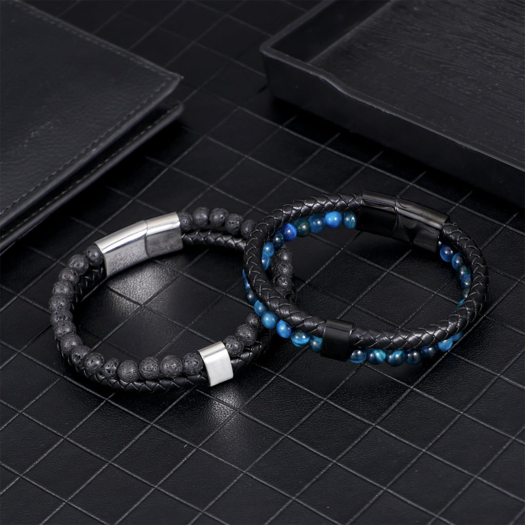 Bracelet double tour en cuir noir tressé avec pierres naturelles bleues et fermoir magnétique argenté, style moderne et.