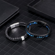 Bracelet double tour en cuir noir tressé avec pierres naturelles bleues et fermoir magnétique argenté, style moderne et.