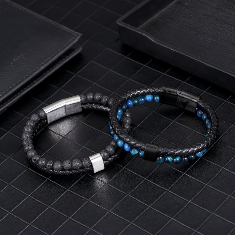 Bracelet double tour en cuir noir tressé avec pierres naturelles bleues et fermoir magnétique argenté, style moderne et.
