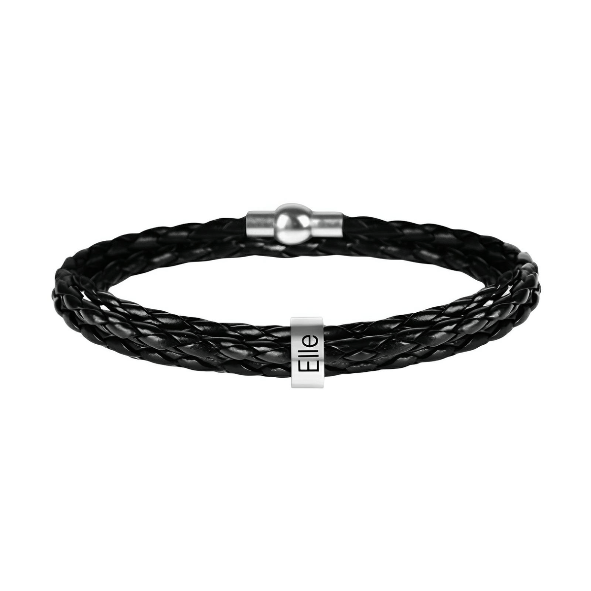 Bracelet en cuir noir tressé triple tour avec anneau en métal gravé "Elle" et fermoir magnétique argenté.