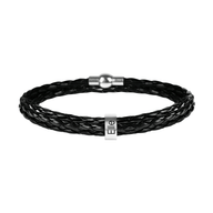 Bracelet en cuir noir tressé triple tour avec anneau en métal gravé "Elle" et fermoir magnétique argenté.