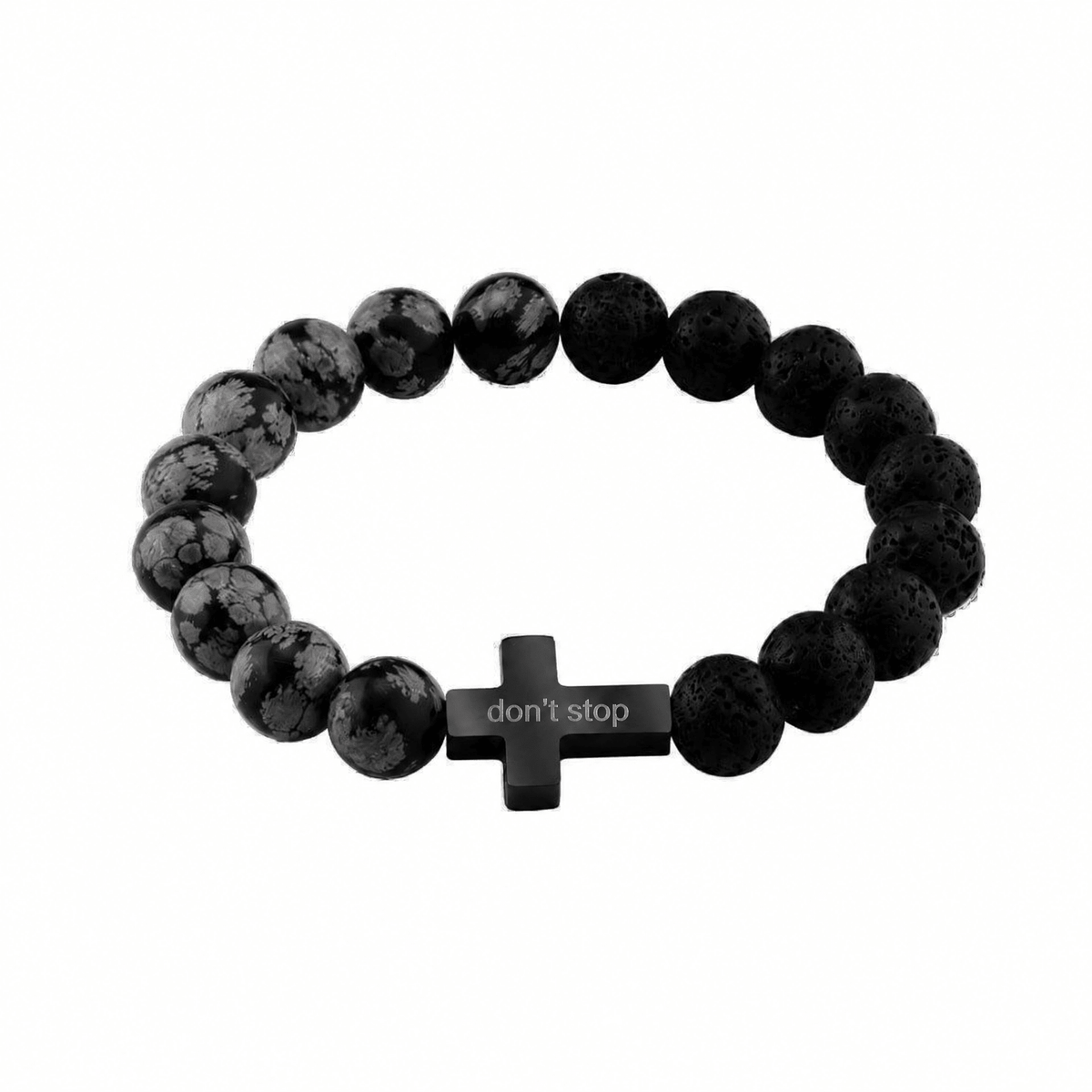 Personalizovaný náramek z vločkové obsidiánu a vulkanického kamene, gravírovaný kříž, model Ayko