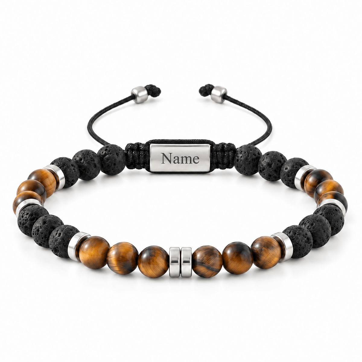 Packshot studio bracelet Kalere Oeil de tigre et pierre volcanique, vue de face sur fond blanc. — gravure source restaurée 8 octobre 2026