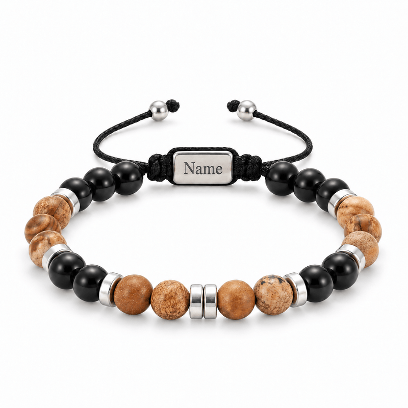 Packshot studio bracelet Kalere Agate et onyx, vue de face sur fond blanc. — gravure source restaurée 8 octobre 2026
