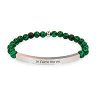 Bracelet mixte en malachite avec plaque argentée gravée « Je t’aime ma vie ».