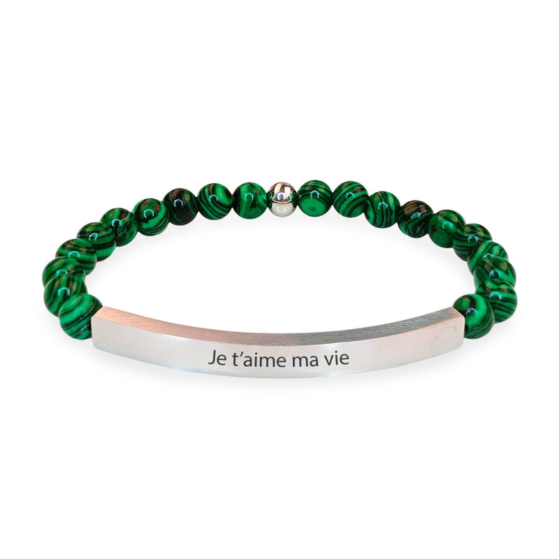 Bracelet mixte en malachite avec plaque argentée gravée « Je t’aime ma vie ».