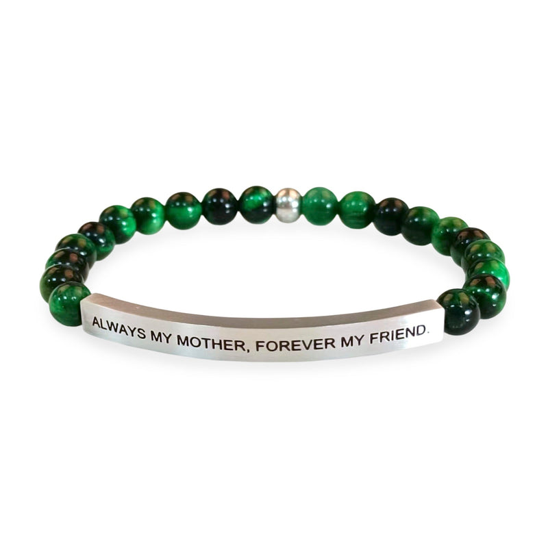 Bracelet mixte en pierres naturelles vertes avec plaque métal gravée "Always my mother, forever my friend".