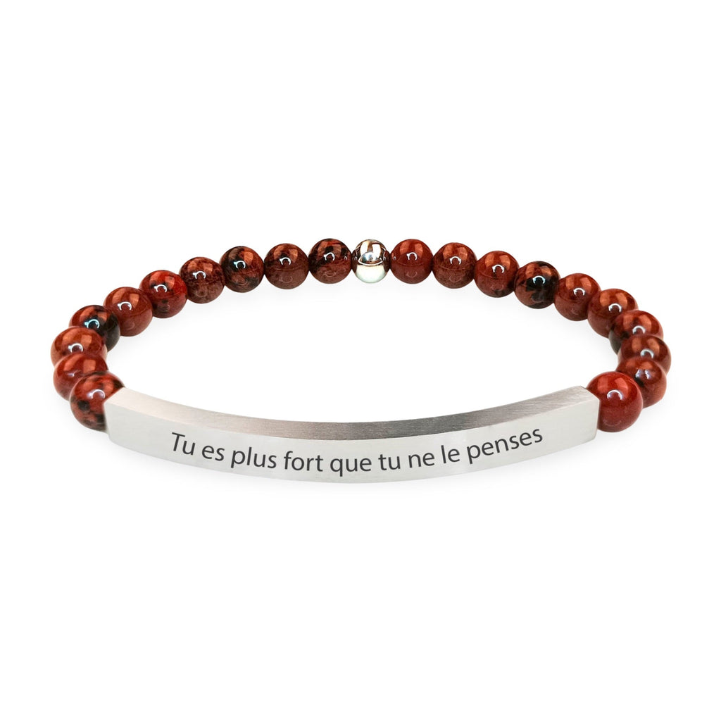 Bracelet mixte Elmero perles agate rouge avec plaque acier gravée "Tu es plus fort que tu ne le penses".