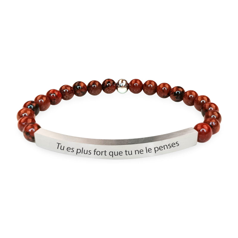 Bracelet mixte Elmero perles agate rouge avec plaque acier gravée "Tu es plus fort que tu ne le penses".