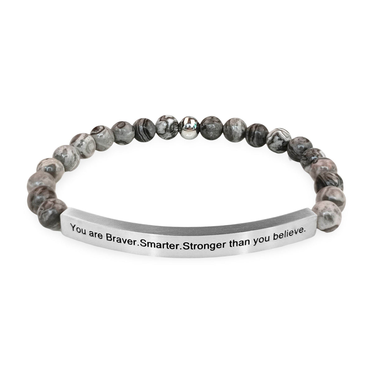 Bracelet mixte Elmero en pierres naturelles agate grise avec plaque acier gravée message inspirant.