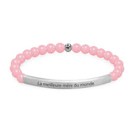 Bracelet mixte en perles roses avec plaque argentée gravée "La meilleure mère du monde".