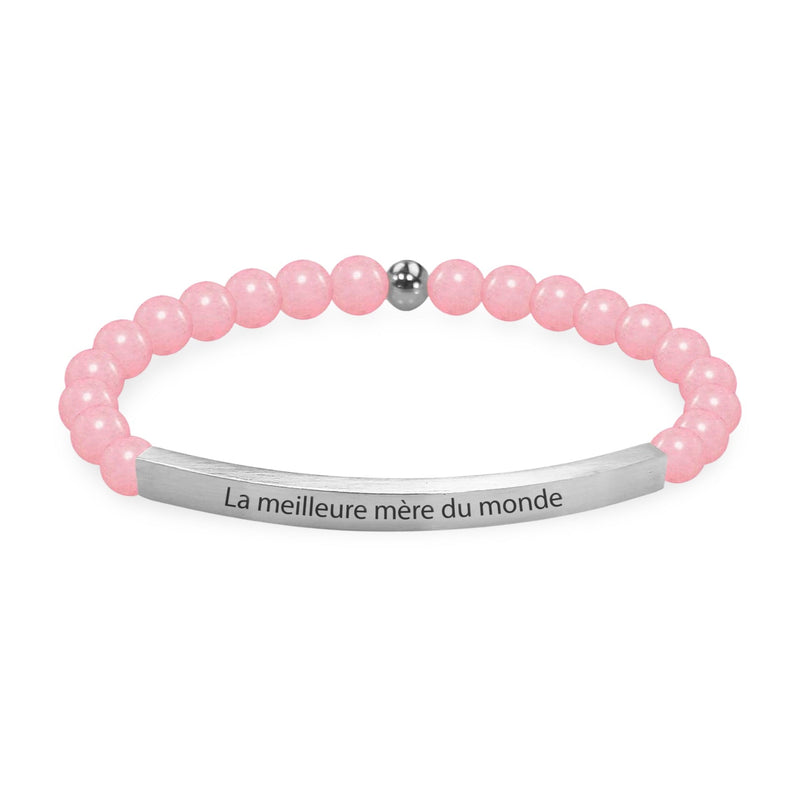 Bracelet mixte en perles roses avec plaque argentée gravée "La meilleure mère du monde".