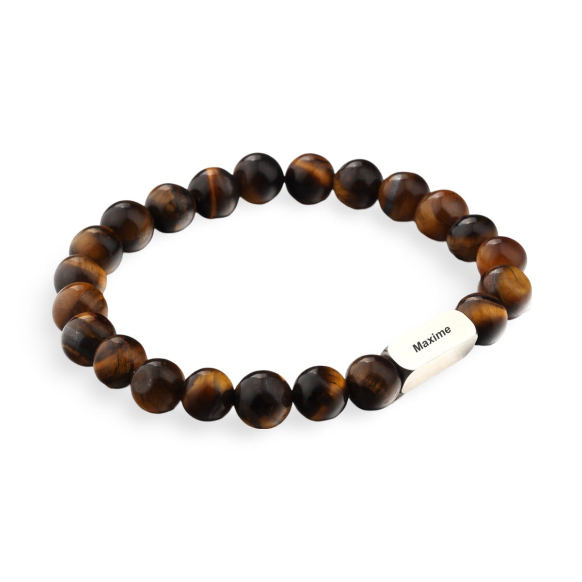 Bracelet mixte en perles rondes d'œil de tigre brun avec fermoir argenté gravé Zohar.