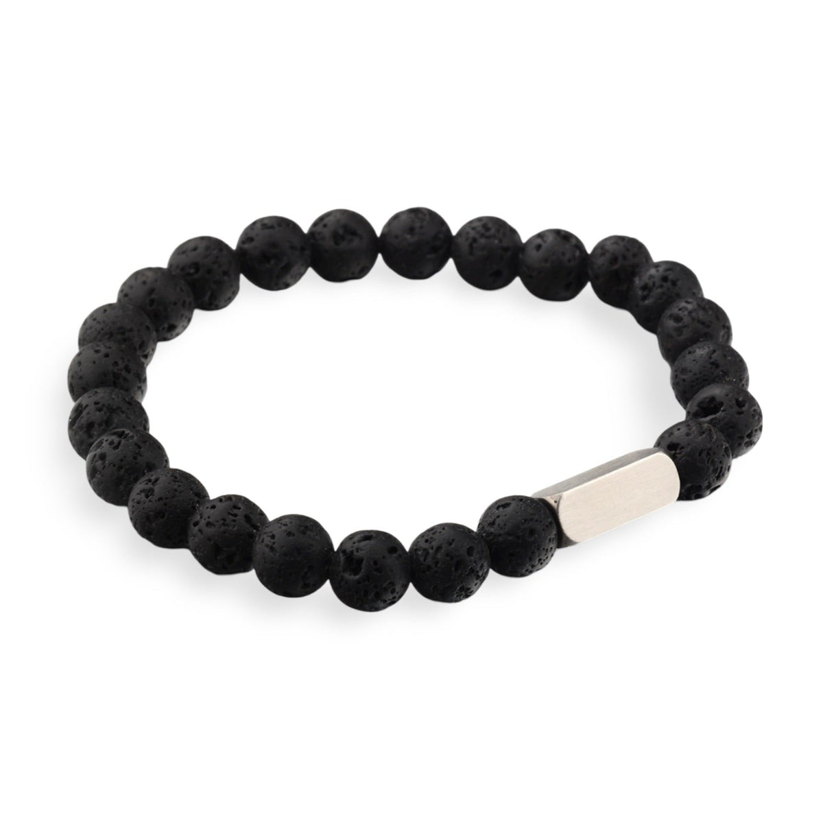 Bracelet mixte perles noires en pierre volcanique avec fermoir métallique argenté.