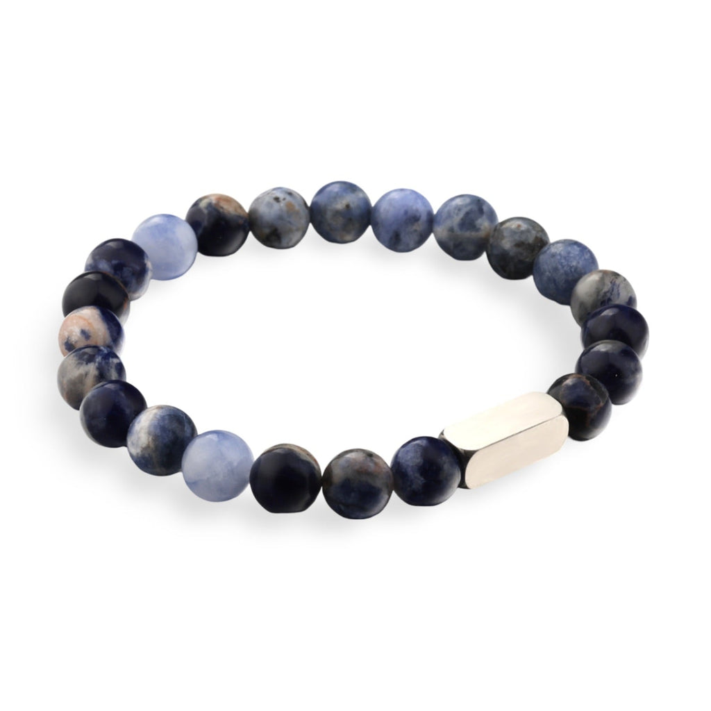 Bracelet mixte perles rondes en pierre naturelle bleue et beige avec fermoir métallique argenté.