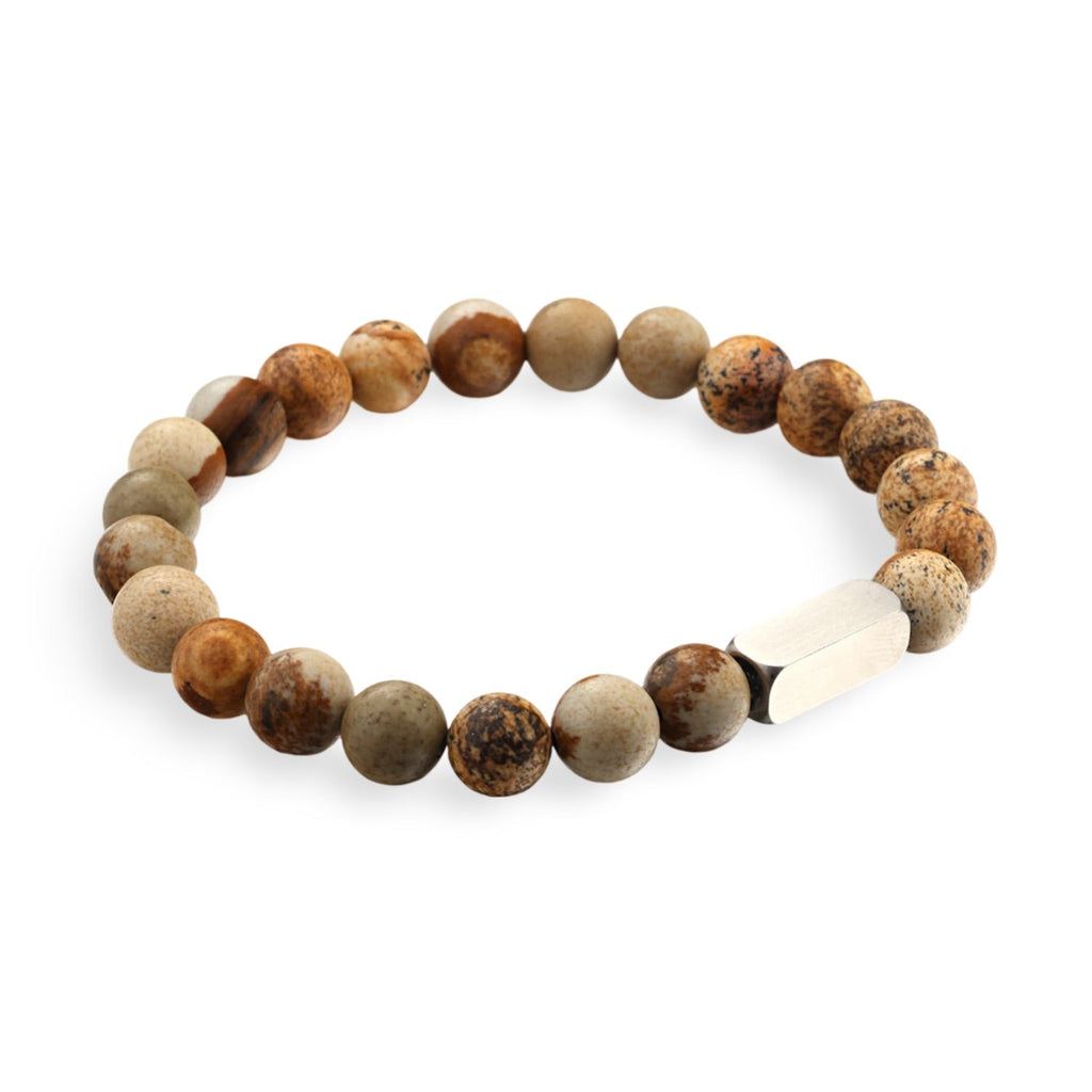 Bracelet mixte en perles rondes naturelles beige et marron avec une perle centrale translucide blanche.