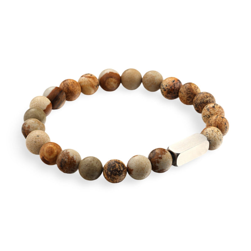Bracelet mixte en perles rondes naturelles beige et marron avec une perle centrale translucide blanche.