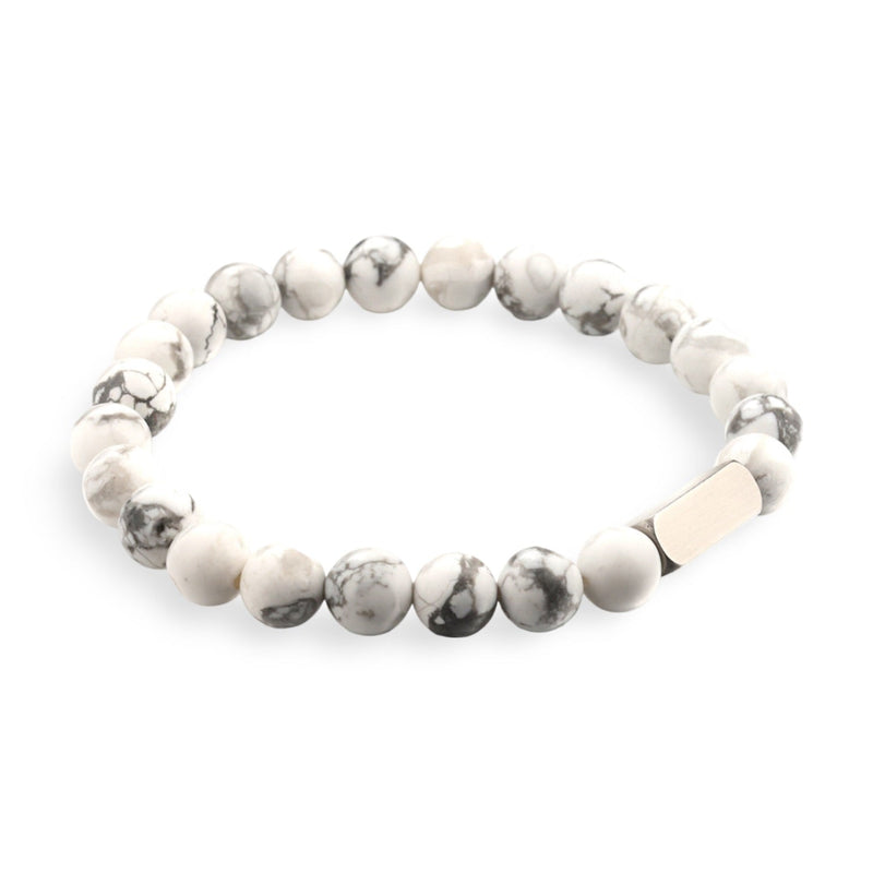 Bracelet mixte pierres naturelles blanches veinées grises avec détail métallique argenté.