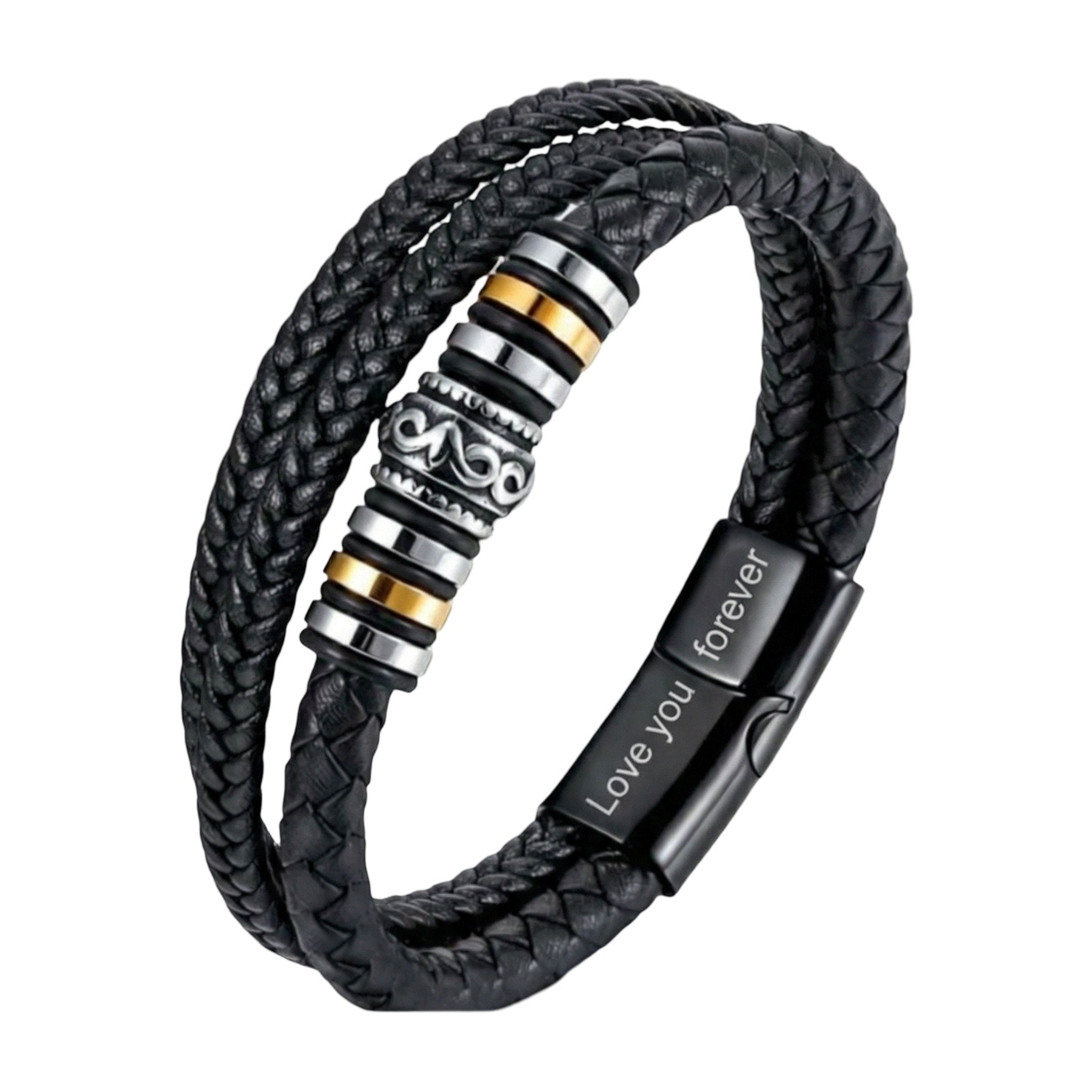 Bracelet personnalisé homme cuir noir tressé trois rangs, fermoir magnétique acier inoxydable, perles acier et anneaux dorés, modèle Fadère