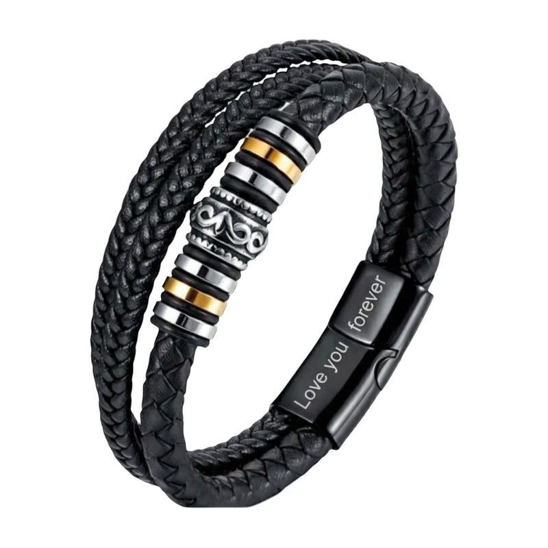 Bracelet personnalisé homme cuir noir tressé trois rangs, fermoir magnétique acier inoxydable, perles acier et anneaux dorés, modèle Fadère