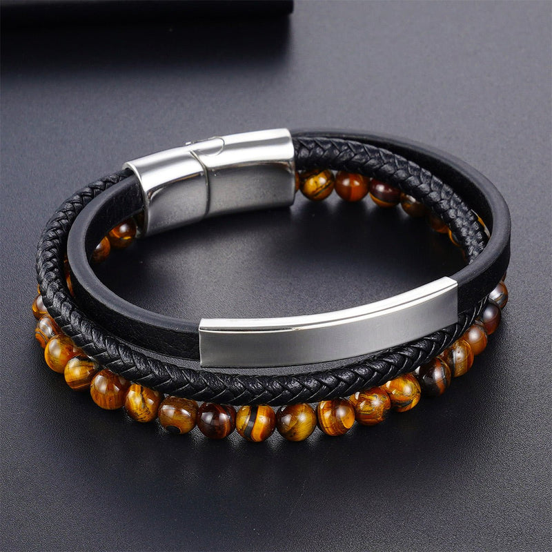 Bracelet homme double tour cuir noir tressé et lisse, perles œil de tigre brunes, fermoir magnétique acier inoxydable.