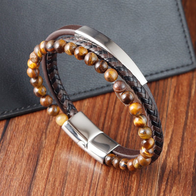 Bracelet homme double tour cuir noir tressé et perles œil de tigre marron avec fermoir magnétique acier inoxydable.
