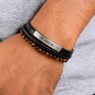 Bracelet homme cuir noir tressé avec perles œil de tigre et plaque acier gravée "MI AMOR".