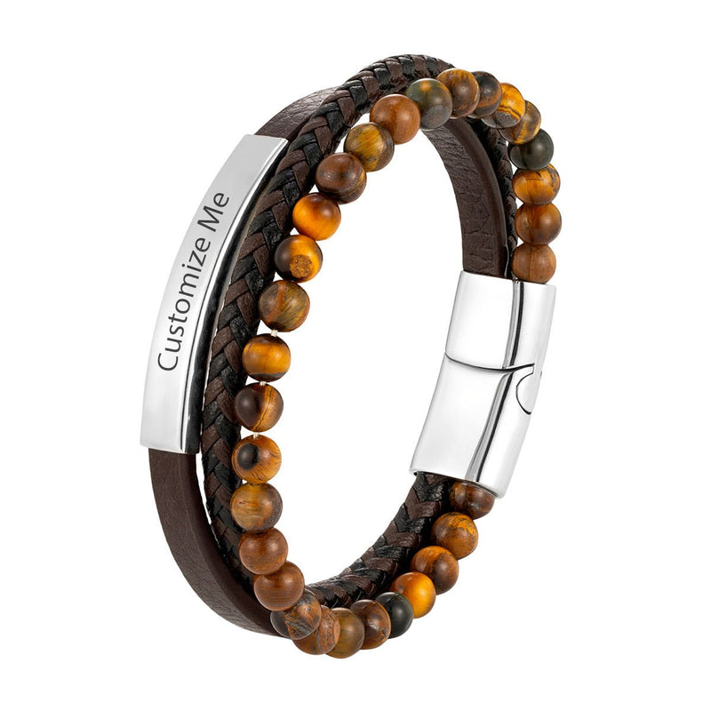 Bracelet homme cuir marron tressé, perles naturelles œil de tigre, fermoir magnétique acier inoxydable, plaque.