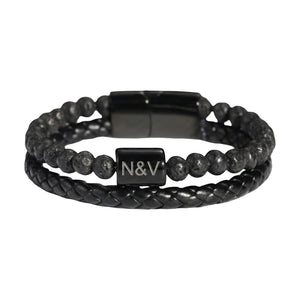 Pulseira personalizada para homem de duas voltas em couro e pedras naturais, olho-de-tigre / ágata preta / pedra vulcânica, modelo Stavo