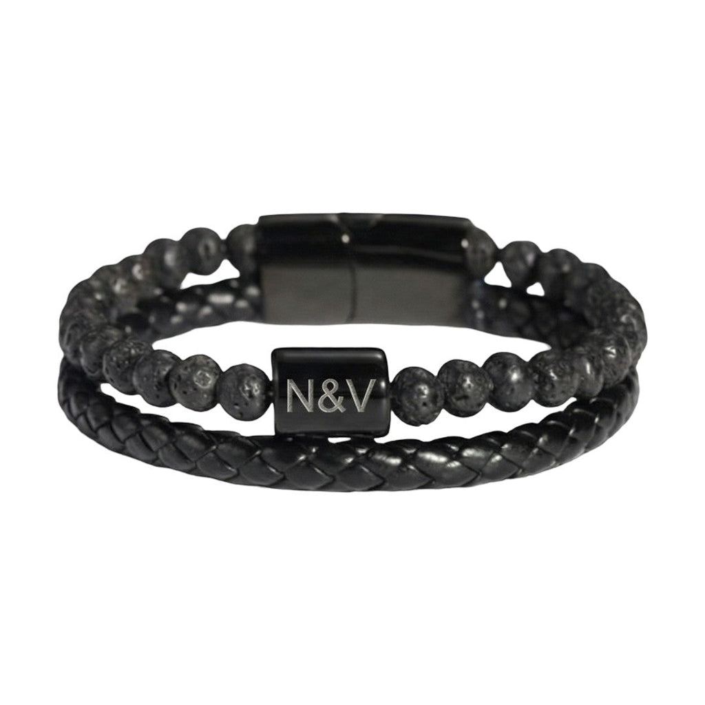 Pulseira personalizada para homem de duas voltas em couro e pedras naturais, olho-de-tigre / ágata preta / pedra vulcânica, modelo Stavo