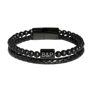 Pulseira personalizada para homem de duas voltas em couro e pedras naturais, olho-de-tigre / ágata preta / pedra vulcânica, modelo Stavo