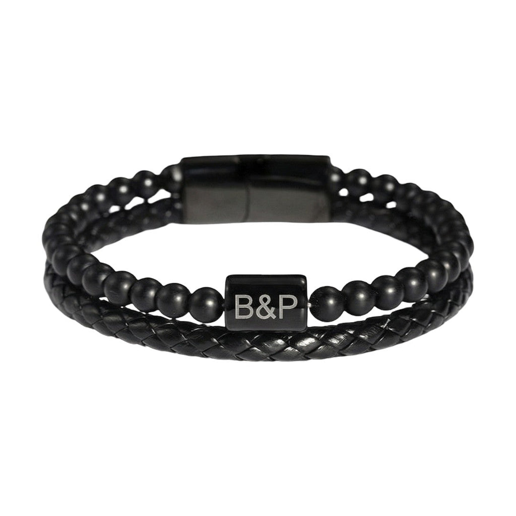 Pulseira personalizada para homem de duas voltas em couro e pedras naturais, olho-de-tigre / ágata preta / pedra vulcânica, modelo Stavo