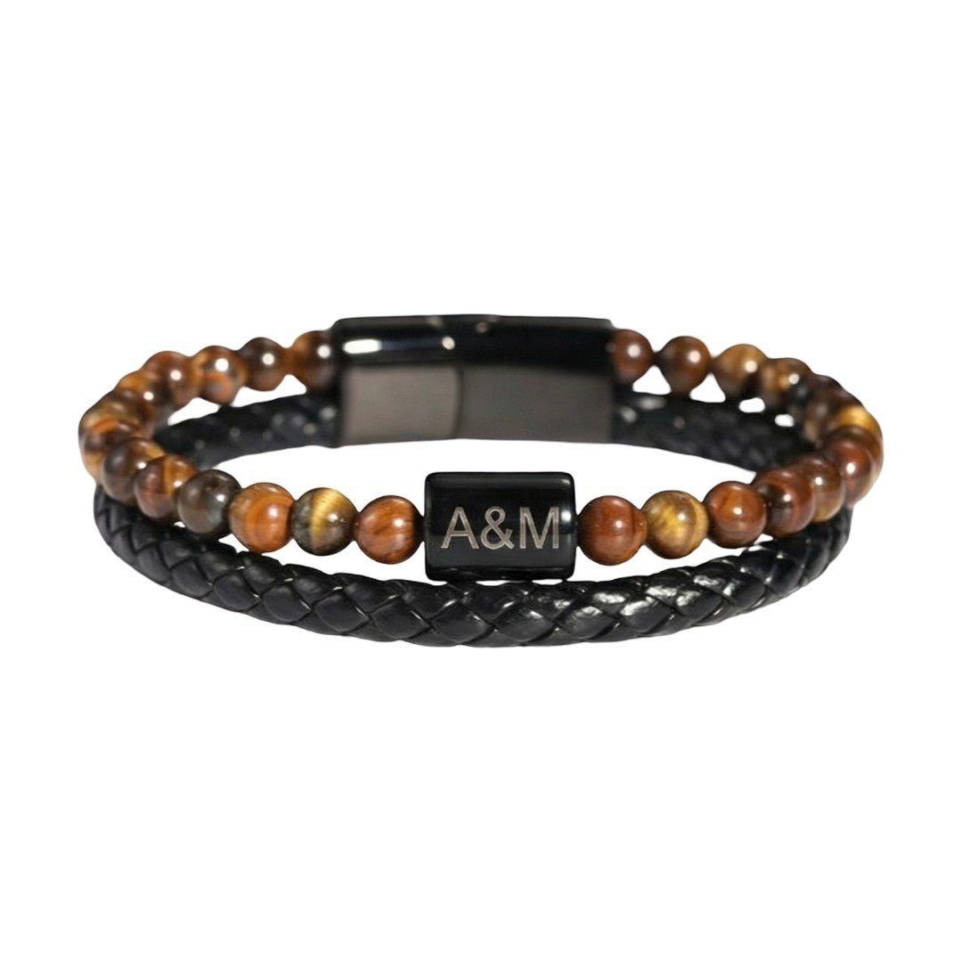 Bracelet personnalisé homme double rang cuir et pierres naturelles, oeil de tigre / agate noire / pierre volcanique, modèle Stavo