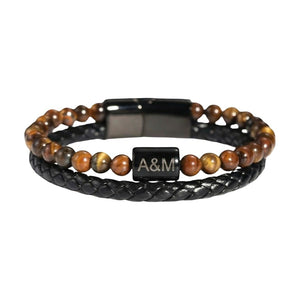 Pulseira personalizada para homem de duas voltas em couro e pedras naturais, olho-de-tigre / ágata preta / pedra vulcânica, modelo Stavo