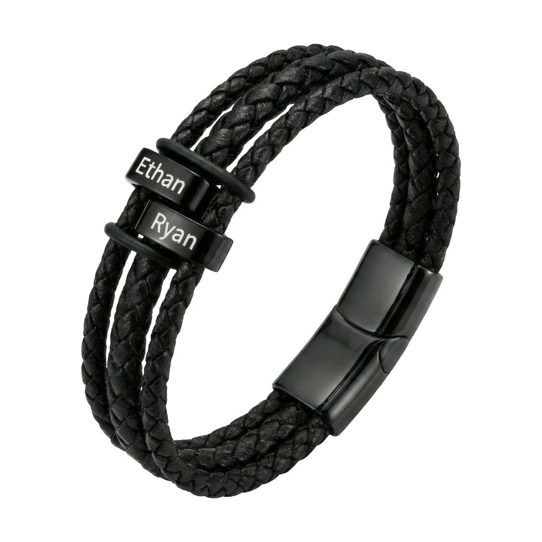 Pulseira personalizada para homem em couro entrançado preto, com nomes gravados, joia familiar de múltiplos fios, 2 placas, modelo Doretto