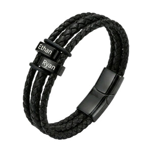 Bracelet personnalisé homme en cuir tressé noir, avec prénoms gravés, bijou familial multi liens, x2 plaques, modèle Doretto