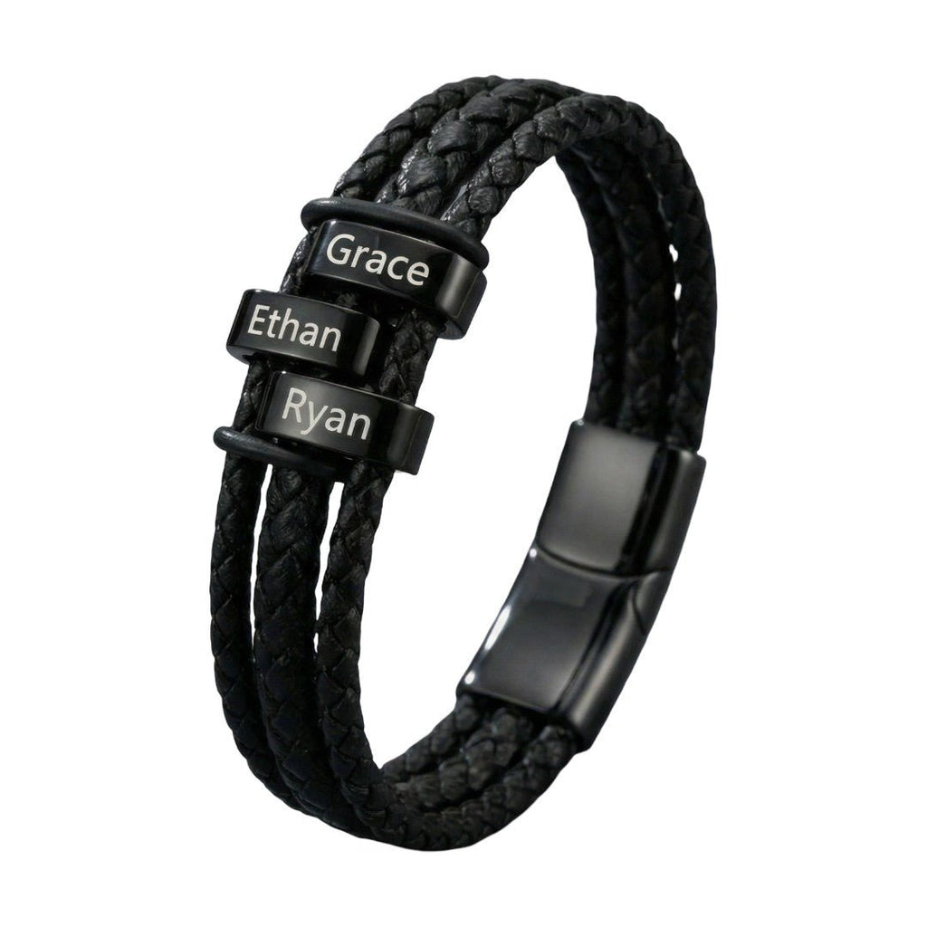 Bracelet personnalisé homme en cuir tressé noir, avec prénoms gravés, bijou familial multi liens, x3 plaques, modèle Doretto