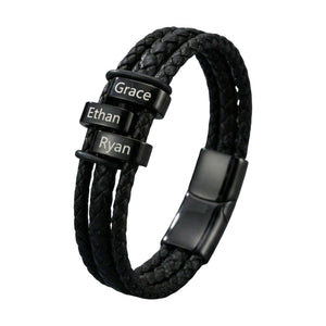 Bracelet personnalisé homme en cuir tressé noir, avec prénoms gravés, bijou familial multi liens, x3 plaques, modèle Doretto