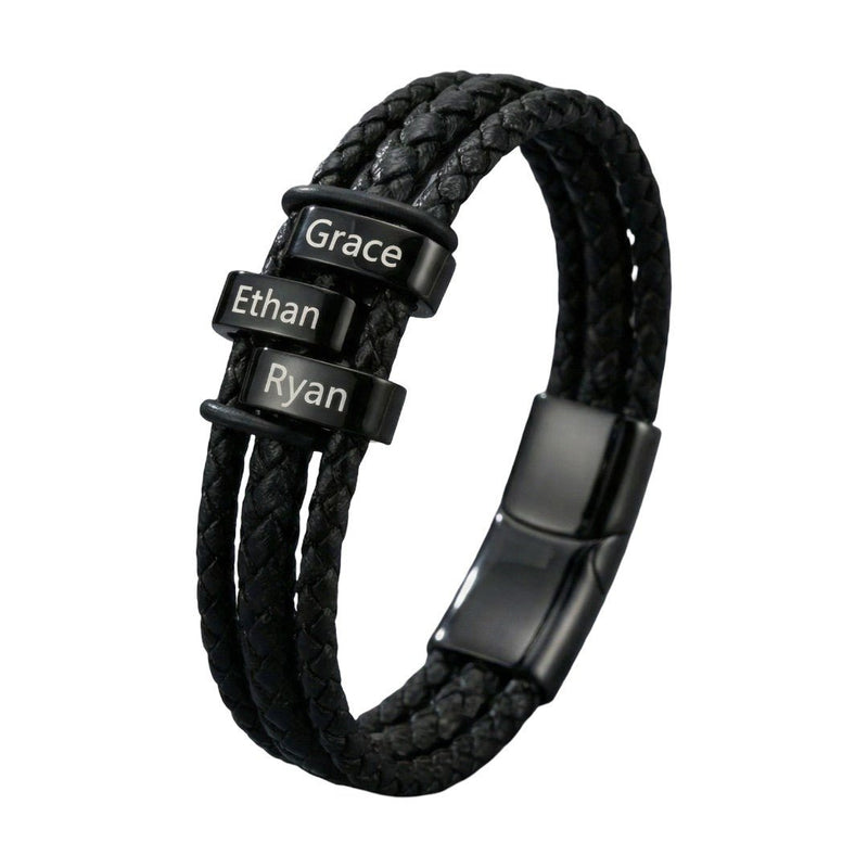 Bracelet personnalisé homme en cuir tressé noir, avec prénoms gravés, bijou familial multi liens, x3 plaques, modèle Doretto