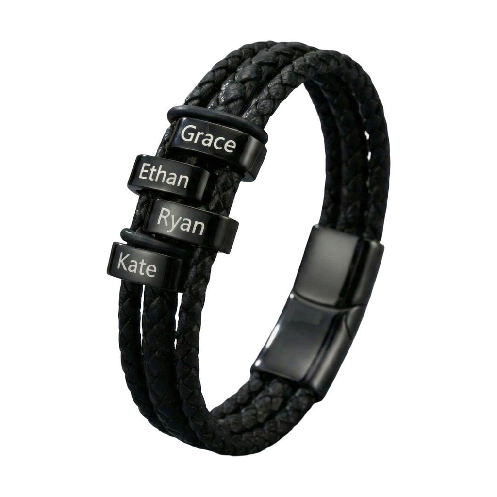 Personalisiertes Herrenarmband aus schwarzem geflochtenem Leder, mit eingravierten Vornamen, Familienarmband mit mehreren Strängen, 4 Plättchen, Modell Doretto