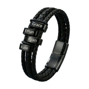 Personalisiertes Herrenarmband aus schwarzem geflochtenem Leder, mit eingravierten Vornamen, Familienarmband mit mehreren Strängen, 4 Plättchen, Modell Doretto